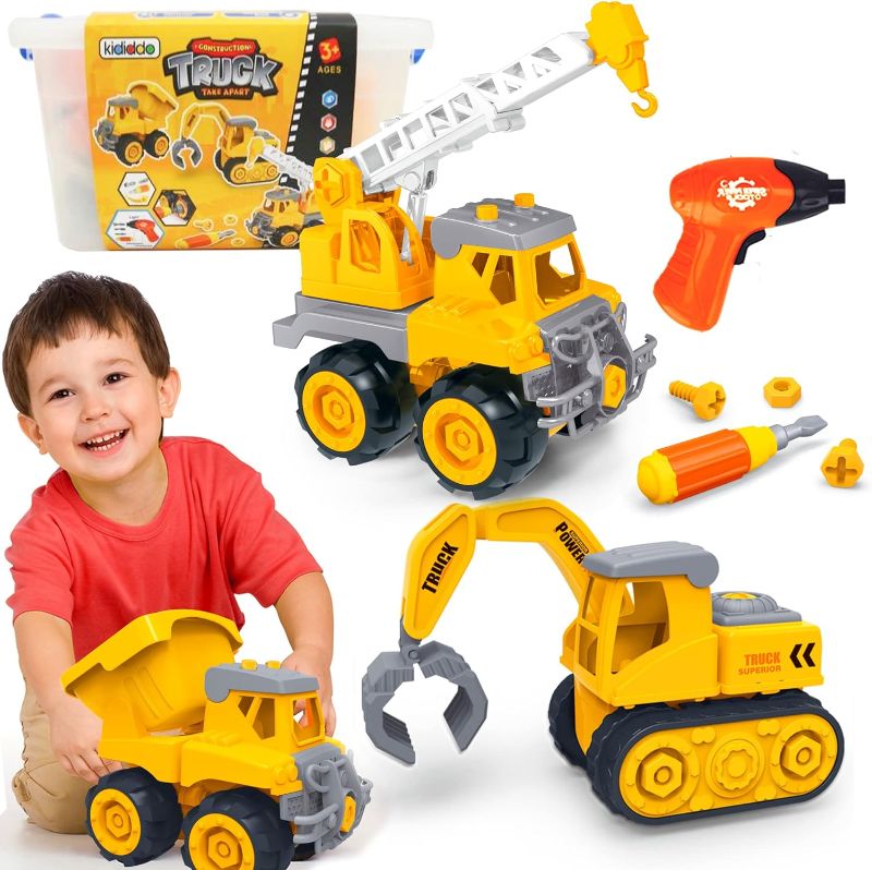 Photo 1 of Construction Trucks Take Apart Toys for Kids Age 3-5 Toddlers Set of 3 Vehicles Excavator, Crane, Dump Truck Toy with Screwdriver and Drill Stem Educational Birthday Gift for 2 3 4 5 Year Old Boys