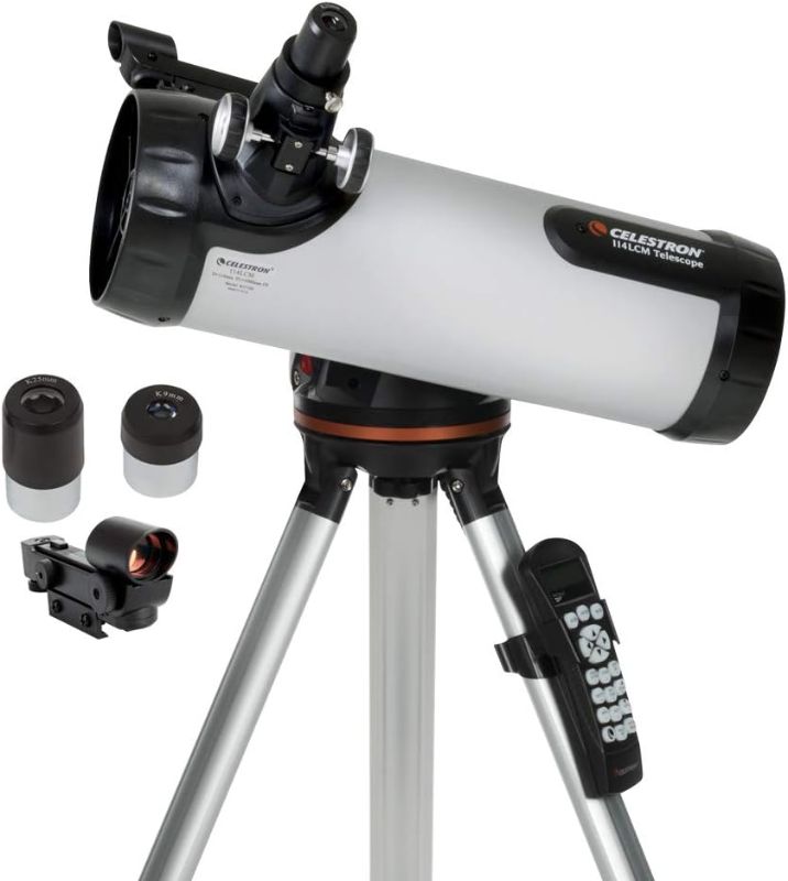 Photo 1 of Celestron - 114LCM Computerized Newtonian Telescope - Telescopes for Beginners - 2 Eyepieces - Full-Height Tripod - Motorized Altazimuth Mount - Large 114mm Newtonian Reflector
