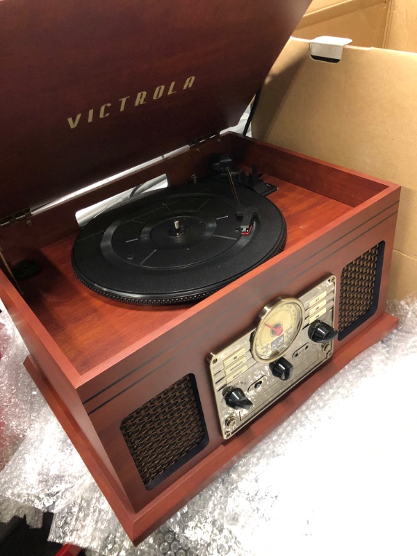 Photo 3 of Victrola Nostalgic 6-in-1 Bluetooth Record Player & Multimedia Center with Built-in Speakers - 3-Speed Turntable, CD & Cassette Player, FM Radio | Wireless Music Streaming | Mahogany Mahogany Entertainment Center