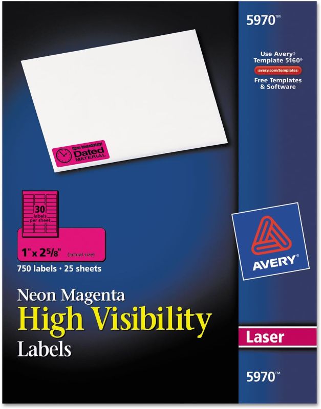 Photo 1 of Avery 5970 Neon Laser Labels, Rectangle, 1-Inch x2-5/8-Inch , 750/PK,Neon Magenta
