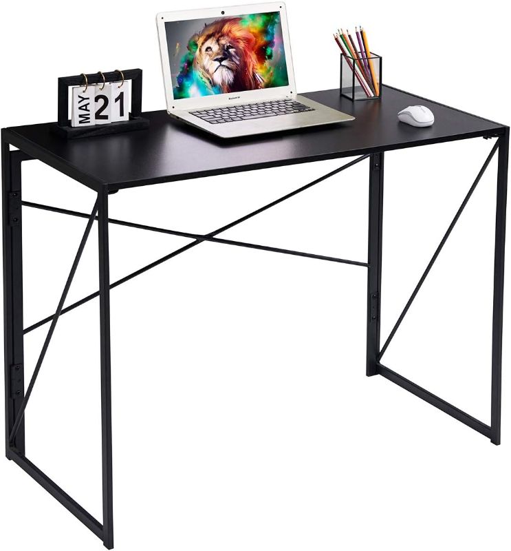 Photo 1 of Coavas 39.4 inch Folding Desk No Assembly Required, Writing Computer Desk Space Saving Foldable Table Simple Home Office Desk, Black Wood
