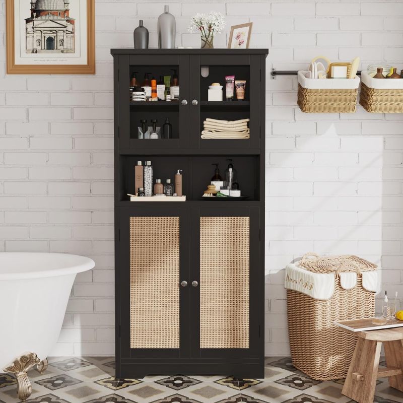 Photo 1 of Irontar Bathroom Cabinet, Freestanding Floor Cabinet with Open Storage, Large Display Cabinet with Doors, Kitchen Cupboard, Storage Cabinet for Living Room, Black and Natural CWG006BM