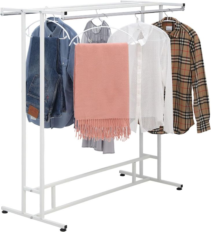 Photo 1 of MyGift White Stainless Steel Freestanding Garment Rack, Heavy Duty Double Rod Clothes Rack Clothing Hanger Stand with Storage Display Shelf
