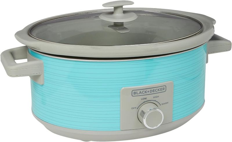 Photo 1 of BLACK+DECKER 7-Quart Slow Cooker, SC2007D, Lid Holder, 3 Heat Settings, Extra Large Handles, Dishwasher Safe, Teal
