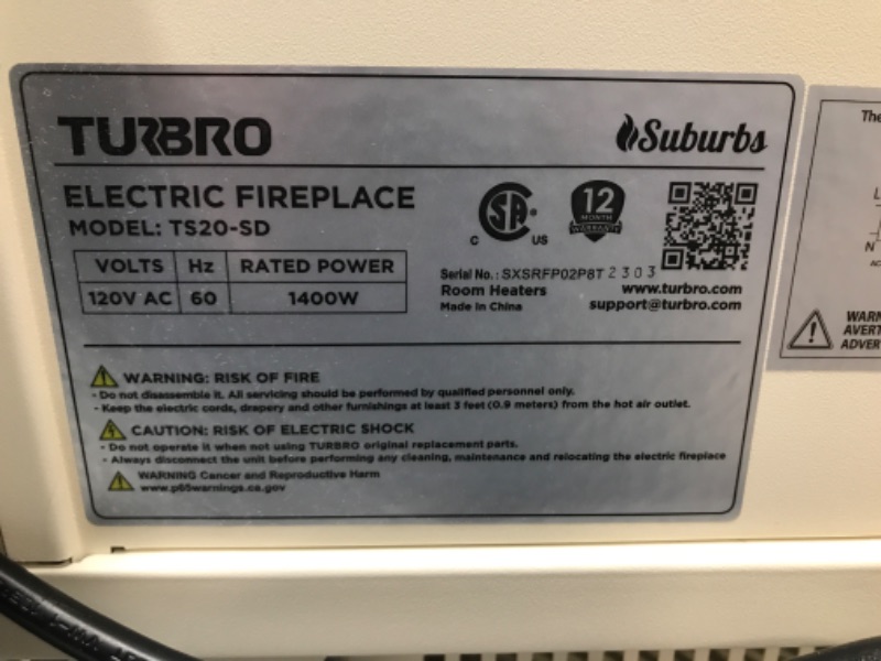 Photo 2 of **SEE NOTES/FOR PARTS**
TURBRO Suburbs TS20 Electric Fireplace Infrared Heater, 20" Freestanding Stove with Realistic Dancing Flame Effect - CSA Certified - Overheating Safety Protection - Easy to Assemble - 1400W, Ivory