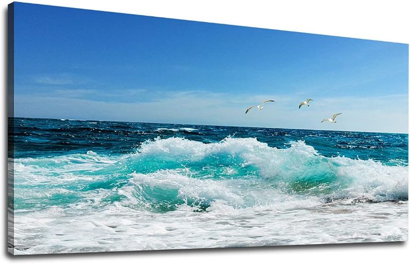 Photo 1 of *Stock Photo for Reference* 60 x 120 cm Sea Beach Canvas Wall Art for Living Room Wall Decor Ocean Waves Canvas Pictures Blue Surfing Water Seagull Canvas Prints Artwork Office Home Wall...
