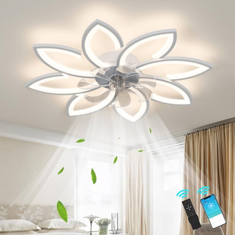 Photo 1 of 35''Ceiling Fans with Lights,Bladeless Ceiling Fan with Lights and Remote, Flush Mount Ceiling Fan with Dimmable LED Light,Modern Low Profile Ceiling Fan 6 Speed Wind Timing for Bedroom 90W (White)