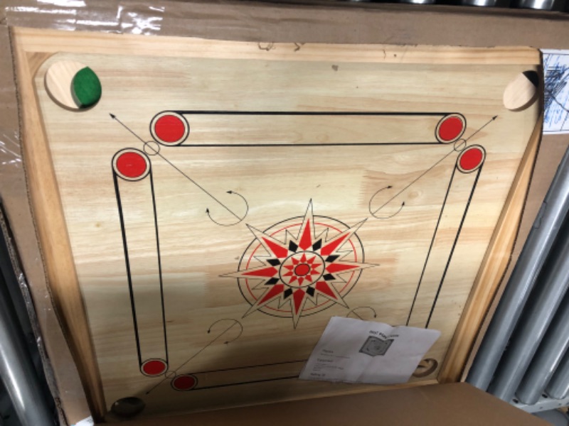 Photo 2 of Carrom Board Game Classic Strike and Pocket Table Game with Cue Sticks, Coins, Queen and Striker for Adults, Kids, Boys and Girls by Hey! Play!