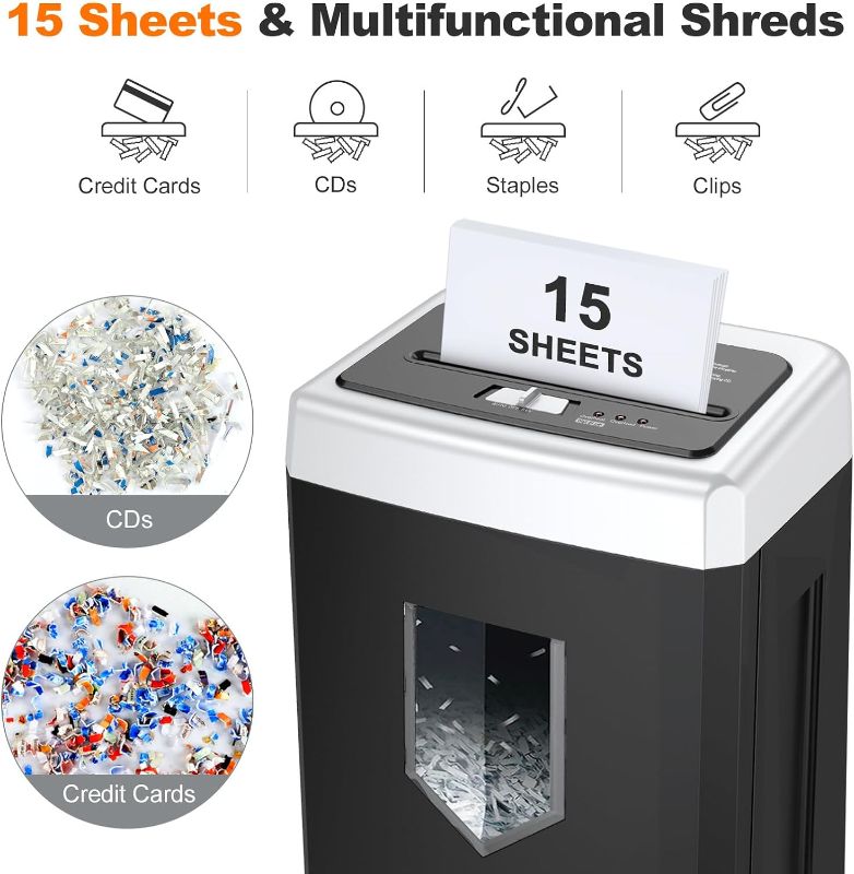 Photo 3 of Bonsaii 15-Sheet Office Paper Shredder, 40 Mins Heavy Duty Shredder for Home Office, Crosscut Shreder with Anti-Jam System & P-4 High Security Supports CD/Credit Cards/Staple,5 Gal Pullout Bin C169-B 1 5 Sheet-40 mins