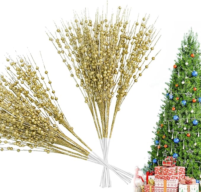 Photo 1 of 10 Pack Christmas Picks Gold Artificial Glitter Berry Stems Ornaments-17 inch Fake Glitter Berries Stem for Christmas Tree Wreath DIY Craft, Vase Filler Wedding Party Home Table Decorative (Gold)