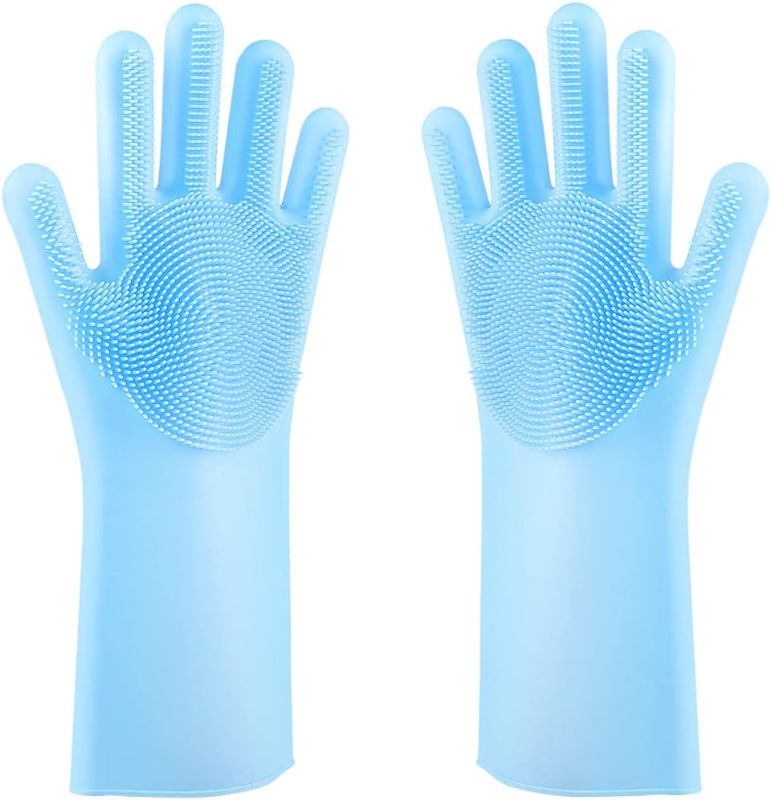 Photo 1 of  Silicone Dishwashing Gloves?Reusable Rubber Dishwashing Gloves for Household, Bathroom,Pet Bathing, Cars, Fruit and More (Blue)