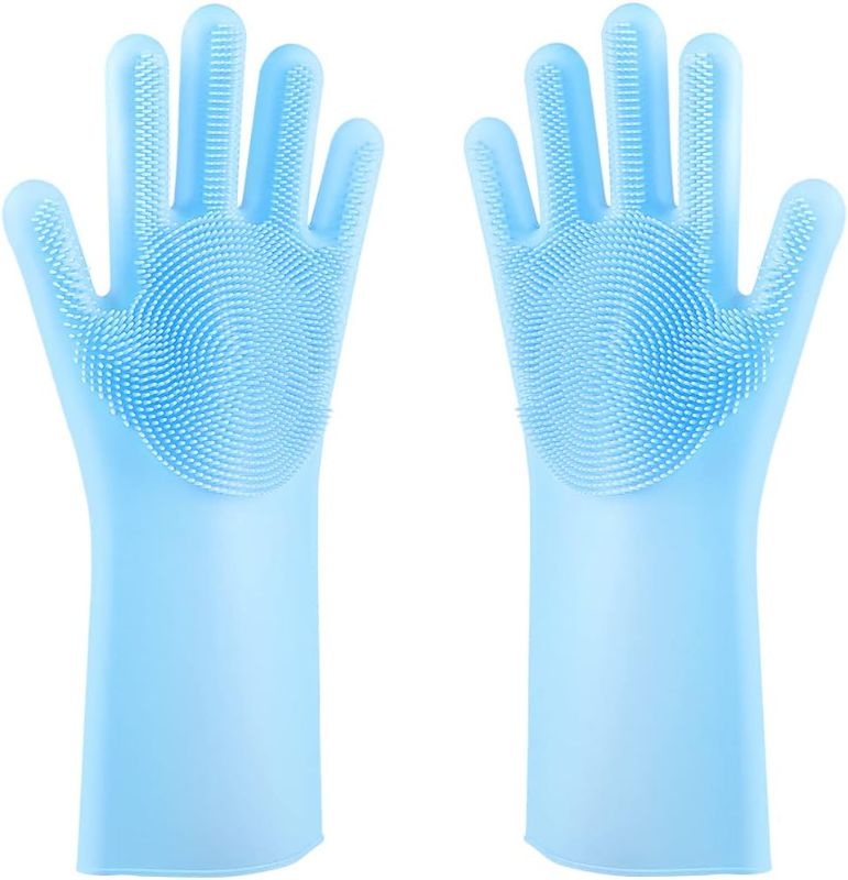 Photo 1 of  Silicone Dishwashing Gloves?Reusable Rubber Dishwashing Gloves for Household, Bathroom,Pet Bathing, Cars, Fruit and More (Blue)