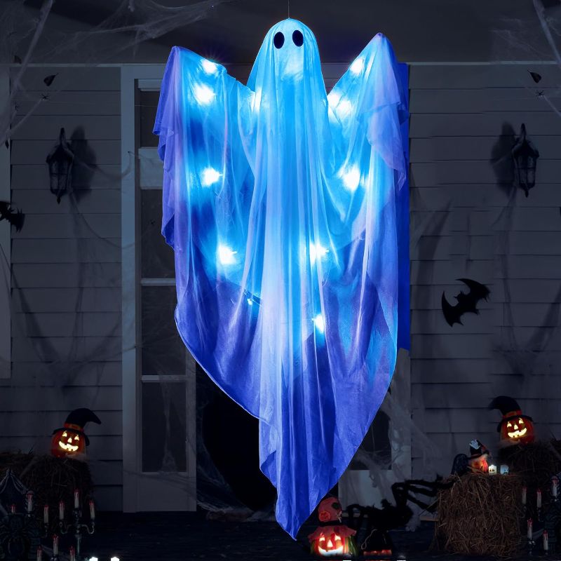 Photo 1 of  Halloween Hanging Light up Ghost with Spooky Blue LED Light, 47” White Hanging Ghosts, Best Halloween Hanging Decoration for Front Yard Patio Lawn Garden Party Decor Indoor Outdoor (PACK OF 2)
