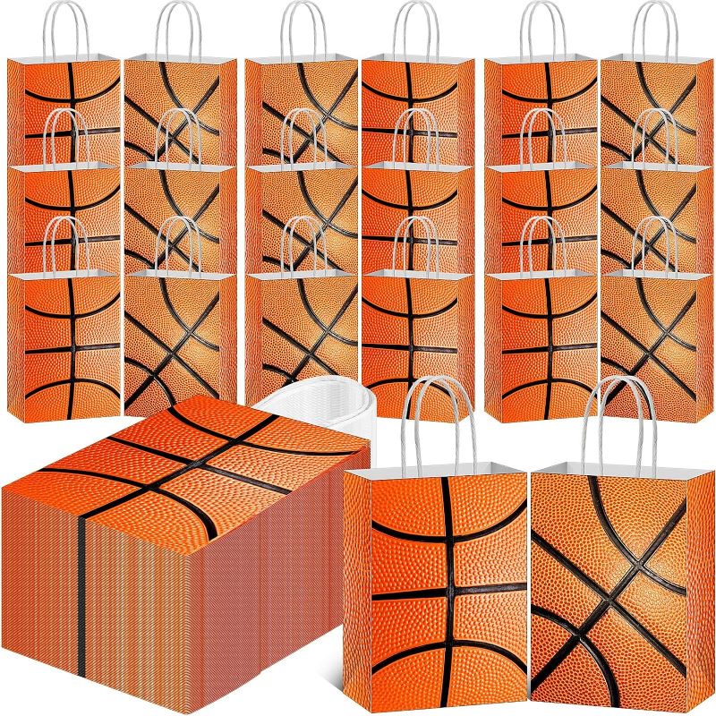 Photo 1 of 100 Pcs Basketball Party Gift Bags Basketball Goodie Bags 8.6 x 5.9 x 3.1'' Basketball Party Sports Themed Paper Bags with Handles for Boys Girls Birthday Party Favors Supplies Decorations