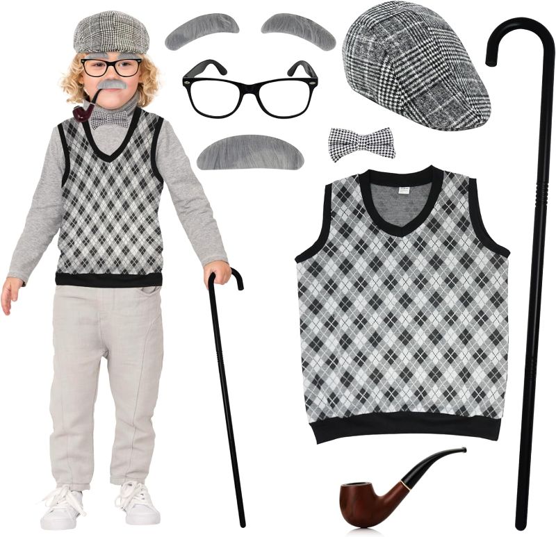 Photo 1 of 4E's Novelty Old Man Costume for Kids Ages 10-12 Years Size Large with Vest, Cane, 8Pcs Set - 100 Days of School Costume for Boys, Grandpa Dress Up Accessories