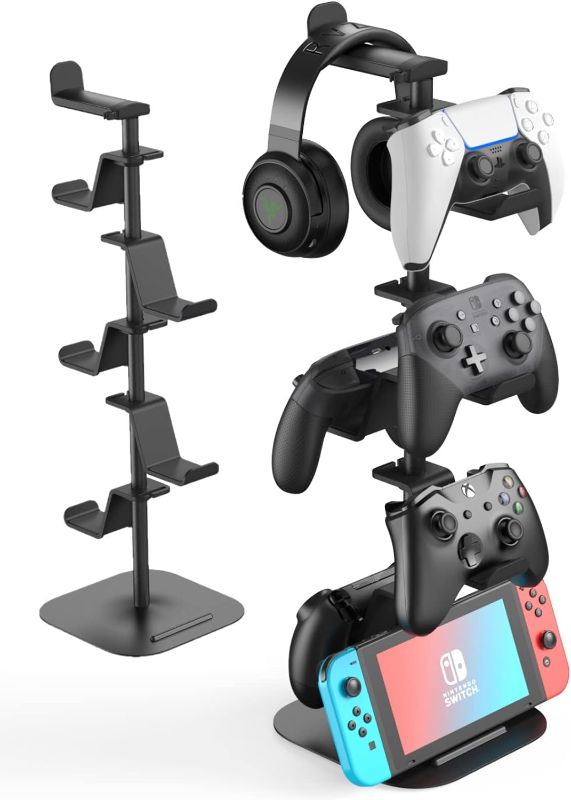 Photo 1 of MiiKARE Controller Holder 6 Tiers with Headphone Holder, Adjustable Gaming Controller Headset Stand, Game Controller Stand for All Xbox PS4 PS5 Switch Pro Crontroller Gaming Accessories - Black