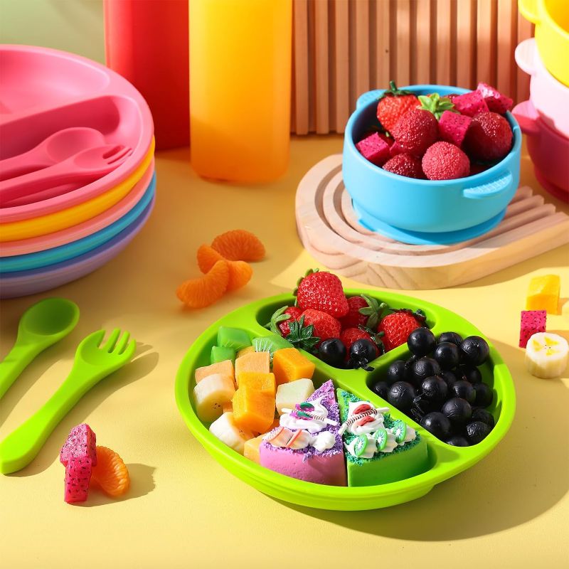 Photo 1 of 6 Divided Suction Plates with 6 Forks 6 Spoons, Baby Utensils Set for Weaning Infant Feeding and Eating, 6 Styles (Bright Color)