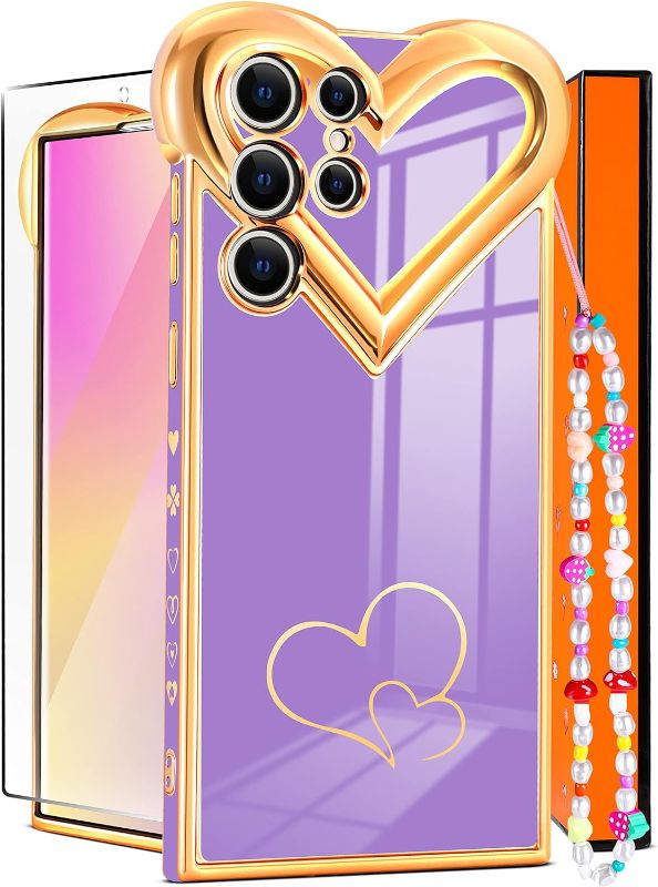 Photo 1 of Flafens (3in1 Purple Love Heart Case for Samsung Galaxy S22 Ultra for Women Girls Girly Cute Aesthetic Luxury Hearts Pattern Phone Cases Cover with Chain+Screen Protector for Samsung Galaxy S22 Ultra
