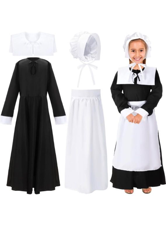 Photo 1 of 4 Pcs Pilgrim Costume Kit for Girls Colonial Girls Costume Dress Cosplay Costumes Halloween Pilgrim Girls Costume