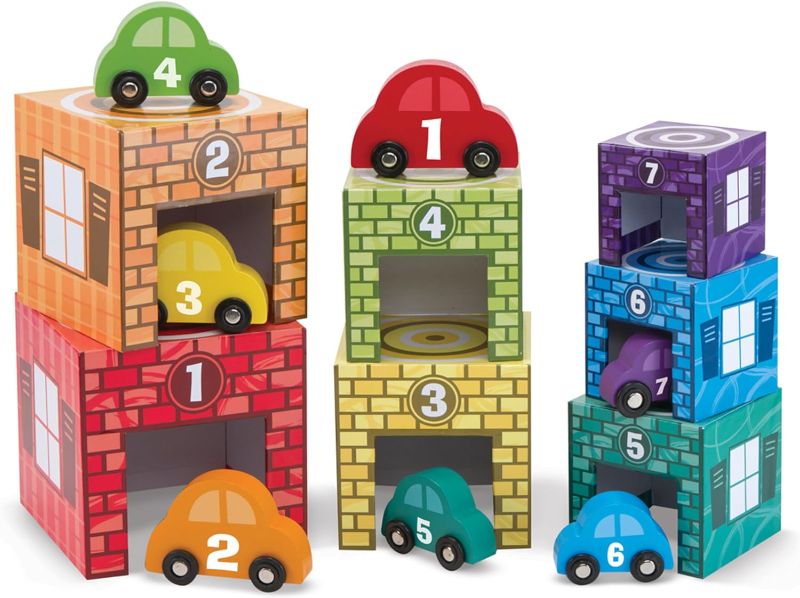 Photo 1 of  Sorting Garages and Cars With 7 Graduated Garages and 7 Stackable Wooden Cars - Numbers Learning Toys, Garage Toy, Sorting And Stacking Toys For Toddlers Ages 2+