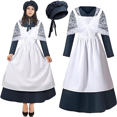 Photo 1 of 4 Pcs Prairie Colonial Costume Dress for Women 1800s American Historical Amish Dress Pilgrim Outfit for Women
