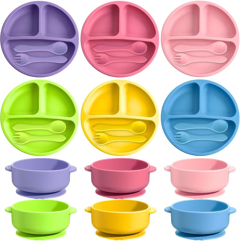 Photo 1 of 24 Pcs Silicone Baby Feeding Set, 6 Baby Toddler Suction Bowls 6 Divided Suction Plates with 6 Forks 6 Spoons, Baby Utensils Set for Weaning Infant Feeding and Eating, 6 Styles (Bright Color)
