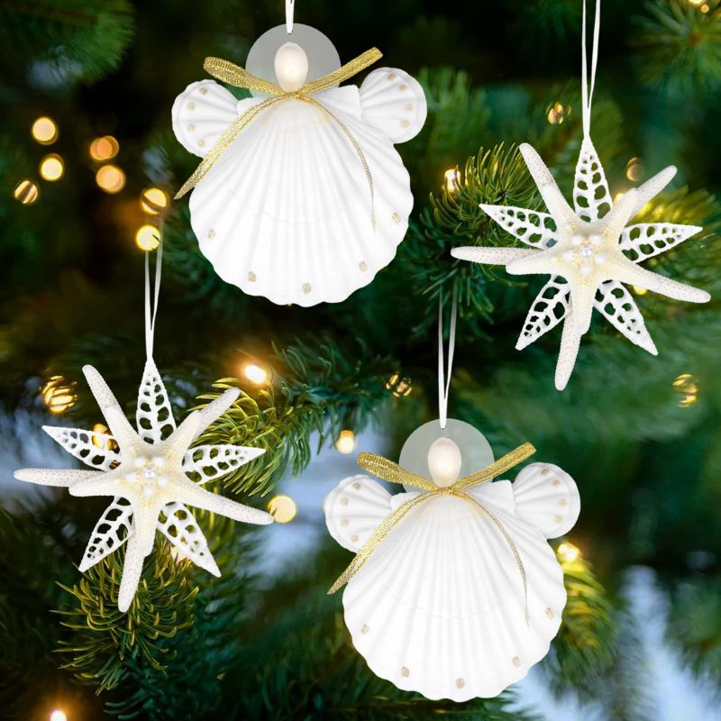 Photo 1 of 36 Pieces Seashell Christmas Ornaments Wooden Christmas Themed Hanging Ornaments White Brown with Drilled Hole Rope for Christmas Tree Wedding Party Decor DIY Nautical Beach Craft Supplies