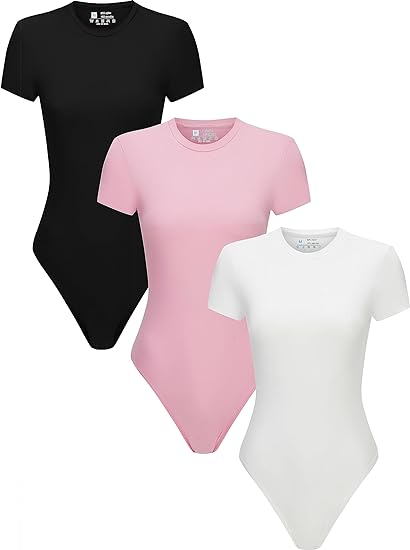 Photo 1 of 3 Piece Women's Ribbed V Neck Short Sleeve T Shirts Basic Tops Bodysuits Jumpsuit