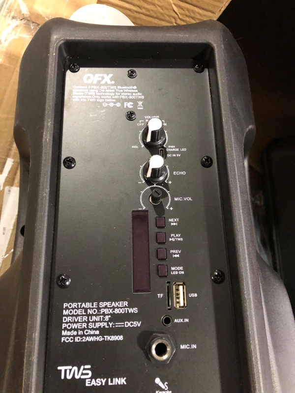 Photo 1 of **MINOR CRACKING AT BOTTOM OF SPEAKER-MISSING PIECE-UNABLE TO TEST**
PBX-800TWS 8-Inch Bluetooth Stereo PA System Comes with 2X 8 Speakers and 2X Stands, 2X Microphones, and a Remote Control