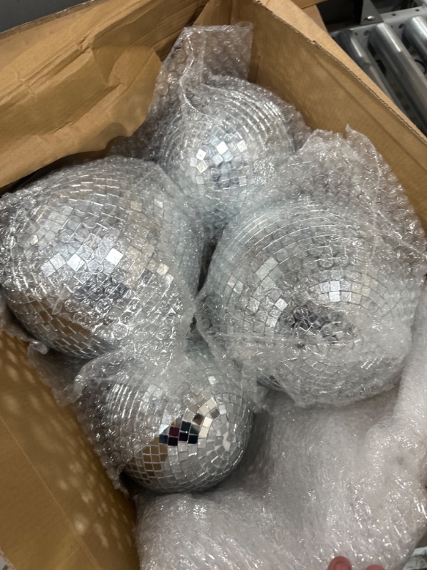 Photo 2 of 4 Pack Large Disco Ball Silver Hanging Disco Balls Reflective Mirror Ball Ornament for Party Holiday Wedding Dance and Music Festivals Decor Club Stage Props DJ Decoration (4 Inch, 20 Inch)