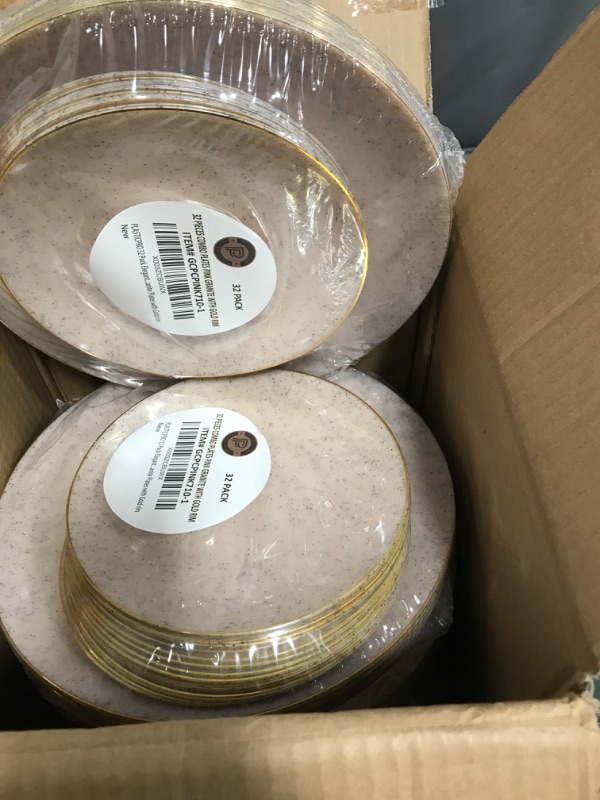 Photo 1 of PLASTICPRO 128 Pack Elegant Disposable Plastic Plates Combo Set Bulk Pack Includes 64 Dinner Plates and 64 Salad Plates Heavy Duty Fancy Party Plates Pink Granite Plates with Gold rim 128 Granite Collection Pink With Gold Rim
