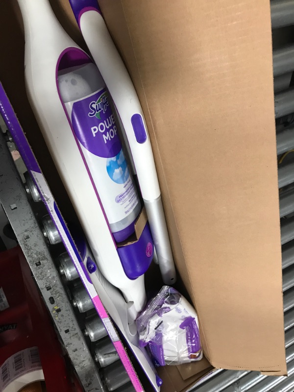 Photo 2 of **MINOR DAMAGE BROKEN HANDLE STILL FUNCTIONAL** Swiffer PowerMop Multi-Surface Mop Kit for Floor Cleaning, Fresh Scent, Mopping Kit Includes PowerMop, 2 Mopping Pad Refills, 1 Floor Cleaning Solution with Fresh Scent and 2 Batteries