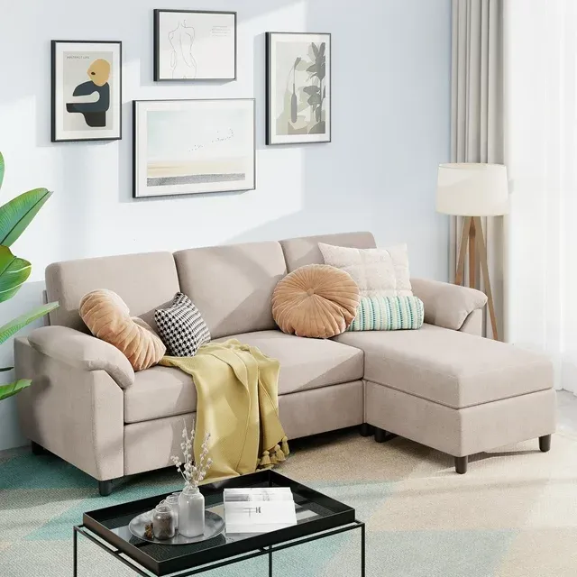 Photo 1 of ***box #5 out of 5 only*** Convertible Sectional Sofa Couch, Linen Fabric L Shaped Couch with Reversible Ottoman, 3-Seat Small Sectional Sofa Couches for Living Room, Apartment, Small Space, Beige
