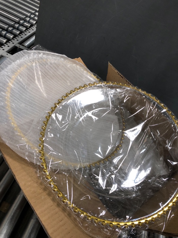 Photo 2 of 24 Pack 13 Inch Clear Charger Plates Bulk Round Beaded Chargers Plates Plastic Decorative Charger Plates with Gold Beaded Rim for Kitchen Wedding Events Dinner Party Tabletop Home Decor
