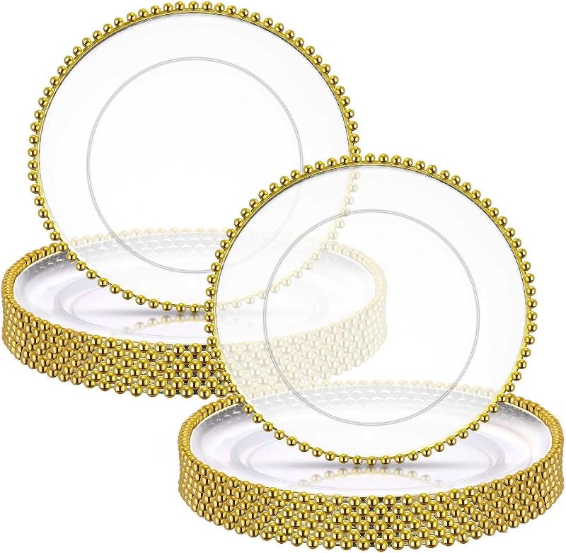 Photo 1 of 24 Pack 13 Inch Clear Charger Plates Bulk Round Beaded Chargers Plates Plastic Decorative Charger Plates with Gold Beaded Rim for Kitchen Wedding Events Dinner Party Tabletop Home Decor
