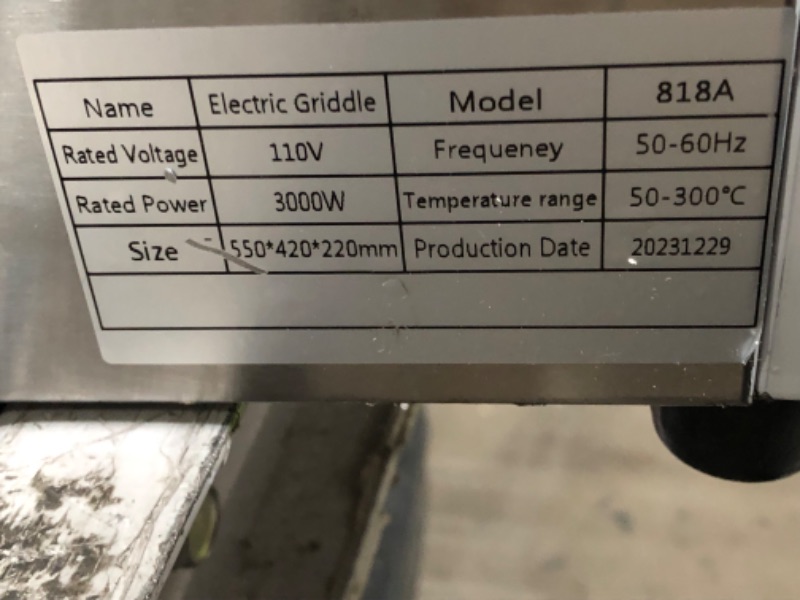 Photo 3 of **SEE NOTES**WICHEMI 22" Electric Grill Commercial Countertop Griddle Flat Top Grill Hot Plate Non-Stick Stainless Steel Teppanyaki Grill for Restaurant Kitchen, 110V 3000W 22 INCH