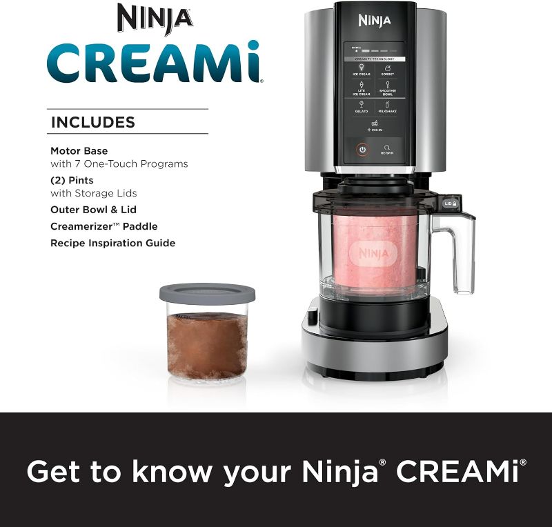 Photo 3 of (NON-REFUNDABLE) Ninja NC301 CREAMi Ice Cream Maker, for Gelato, Mix-ins, Milkshakes, Sorbet, Smoothie Bowls & More, 7 One-Touch Programs, with (2) Pint Containers & Lids, Compact Size, Perfect for Kids, Silver 7 Functions + (2) 16 oz. Pints