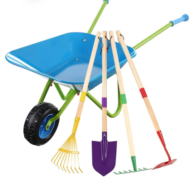 Photo 1 of 5 Pcs Kids Gardening Tool Set Include Kids Wheelbarrow Metal Small Toddler Wheelbarrow Wagon with 4 Piece Kids Shovel, Rake, Hoe, Leaf Rake Wooden Gardening Tools for Boys and Girls