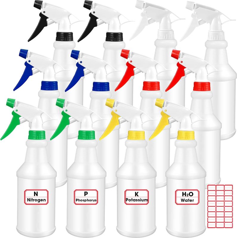 Photo 1 of 12 Pcs 32 oz Plastic Spray Bottles Heavy Duty Spraying Bottles Leak Proof Mist Empty Water Bottle for Pets Cleaning Solutions Planting Spray Alcohol with Adjustable Nozzle and Label (Blue, White)