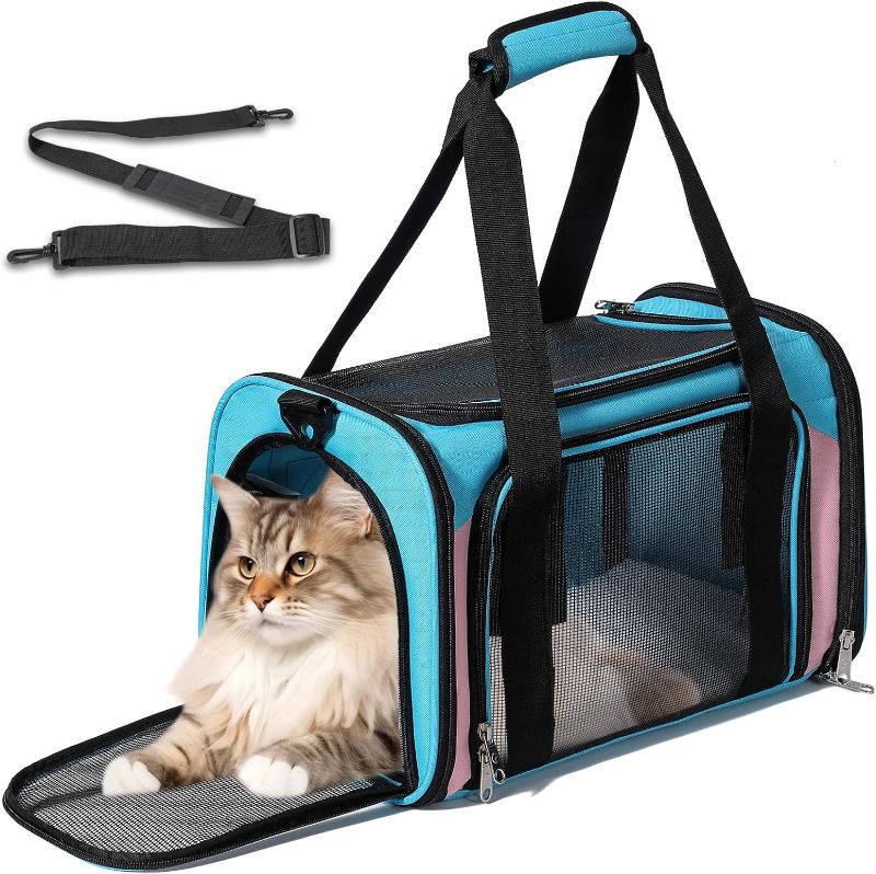 Photo 1 of (SIMILAR)Cat Carrier, Dog Carrier, TSA Airline Approved Pet Carrie for Small Medium Cats, Dog Puppy Carriers for Small Dogs (Blue&Pink, One Size)
