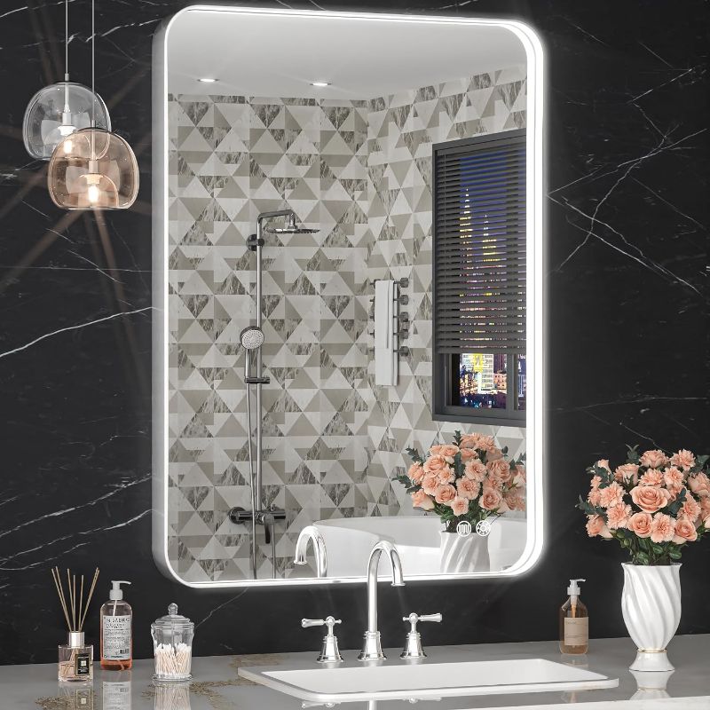 Photo 1 of 24" x 36" LED Bathroom Mirror with Lights, Rounded Rectangle Silver Frame Embedded Light Strip Design Vanity Mirror, 3 Colors & Stepless Dimmable, Anti-Fog, Horizontal/Vertical