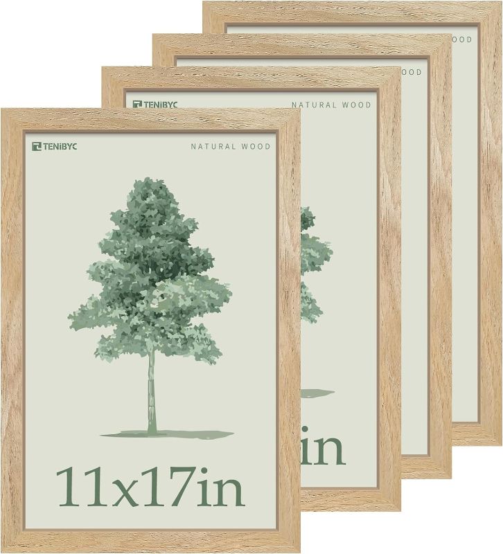 Photo 1 of 11x17 Picture Frame 4 Pack, Natural Solid Wood Poster Frame with HD Tempered Glass, Elegant Wood Grain, Wall Hanging