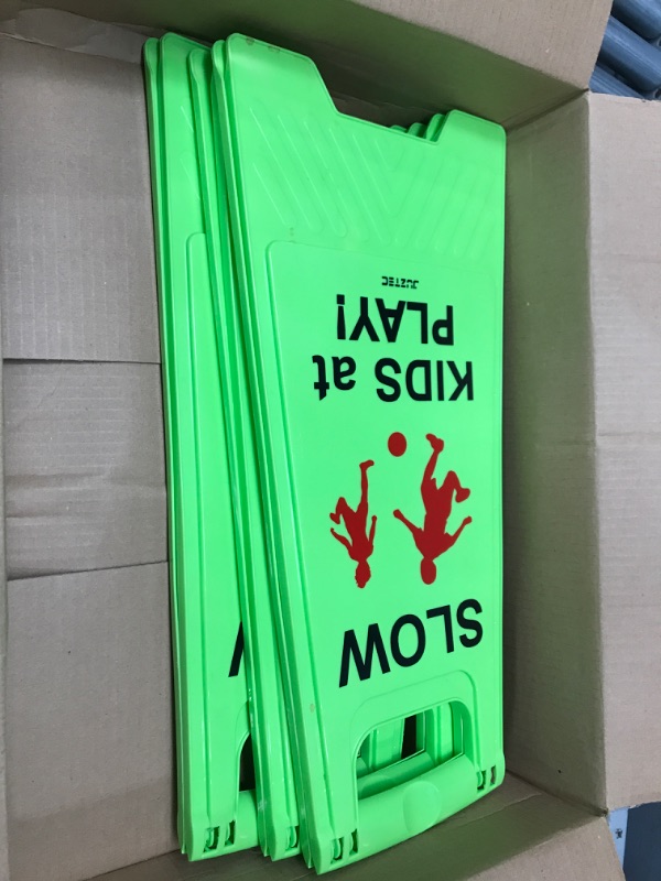 Photo 2 of Juztec Slow Children Playing Sign For Street, Caution Kids At Play Safety Sign, Down crossing traffic signs outdoor (3 Pack) Green