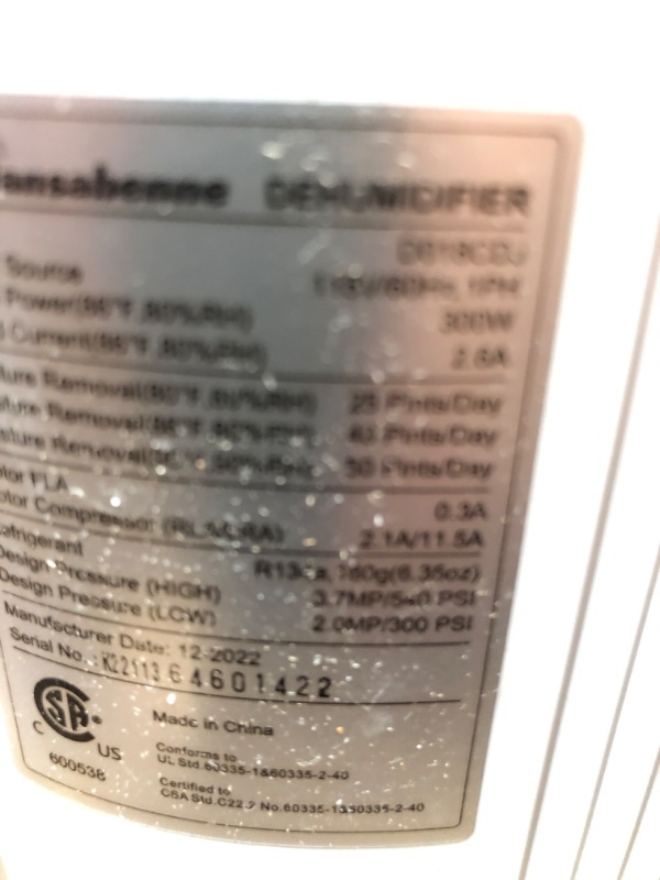 Photo 3 of **NON-REFUNDABLE**NO RETURNS**PARTS ONLY*** 
****BY BIDDING ON THIS ITEM, YOU UNDERSTAND THAT THIS SALE IS FINAL AND ITEM CANNOT BE RETURNED***Hansabenne 50-Pints Dehumidifier for Basements - 4500 Sq. Ft. Dehumidifier with Auto or Manual Drainage - Compac