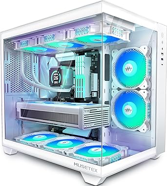 Photo 1 of MUSETEX ATX PC Case,5 PWM ARGB Fans Pre-Installed,360MM RAD Support,Type-C Gaming 270° Full View Tempered Glass Mid Tower Pure White ATX Computer Case,Y6
