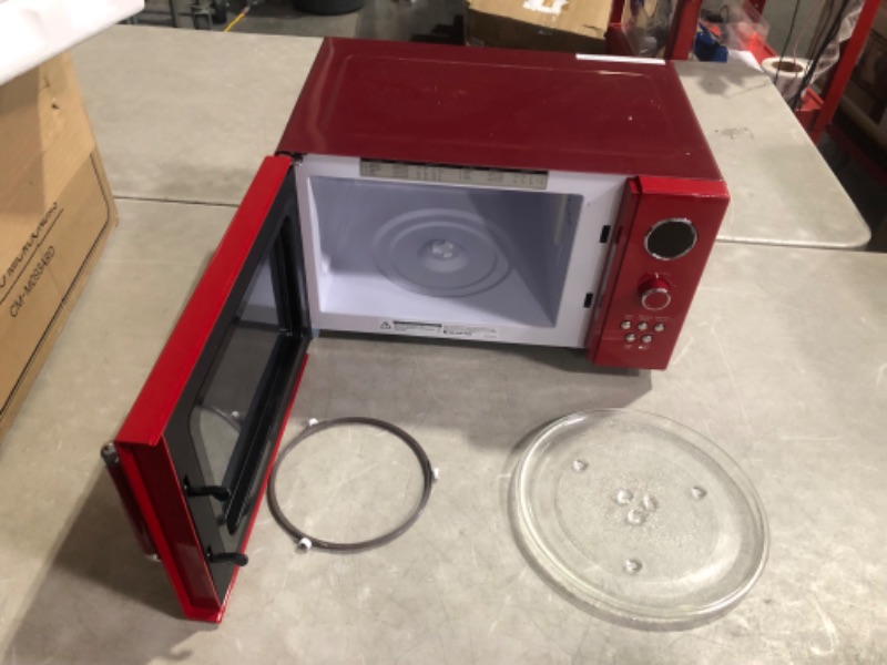 Photo 2 of ***USED - DOESN'T POWER ON - UNABLE TO TROUBLESHOOT***
COMFEE' CM-M093ARD Retro Microwave with 9 Preset Programs, Fast Multi-stage Cooking, Turntable Reset Function Kitchen Timer, Mute Function, ECO Mode, LED digital display, 0.9 cu.ft, 900W, Red Retro Re