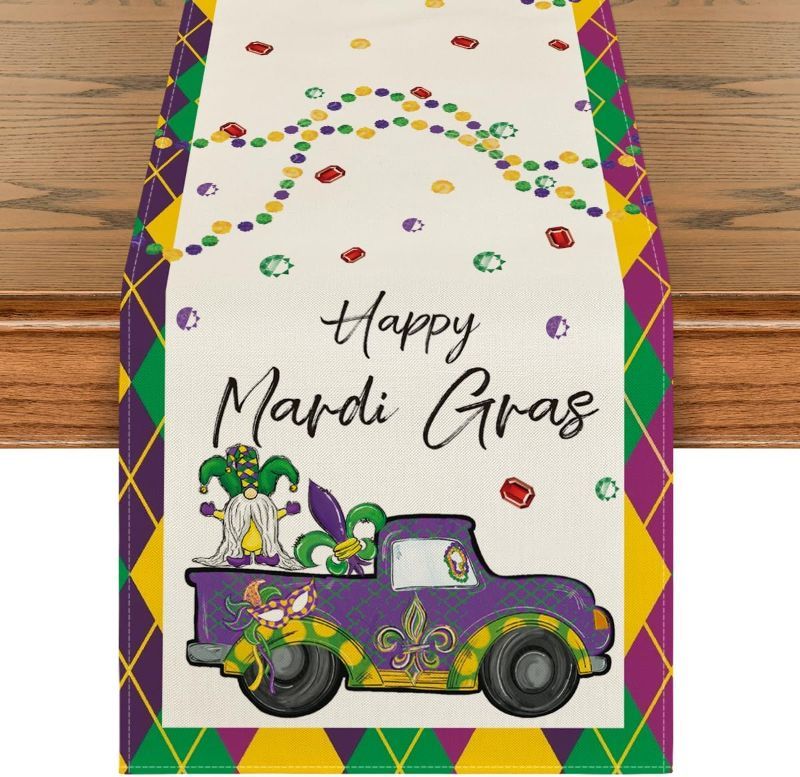 Photo 1 of Artoid Mode Happy Mardi Gras Gnomes Truck Carnival Table Runner, Seasonal Holiday Kitchen Dining Table Decoration For Indoor Outdoor Home Party Decor 13 X 72 Inch
