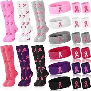 Photo 1 of 6 Sets Breast Cancer Awareness Accessories Include 6 Pcs Sweatband 6 Pair Breast Cancer Awareness Socks 6 Pair Pink Ribbon Wristbands for Women Breast Cancer Awareness Tennis Basketball Athletic