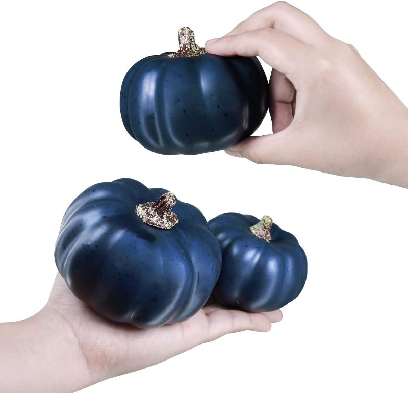 Photo 1 of 12 Pcs Assorted Small Artificial Fall Pumpkins Faux Navy Blue Pumpkins Foam Pumpkins Decorative Pumpkins for Gifts Fall Baby Shower Halloween Thanksgiving Table Centerpiece Shelf Mantel Decor
