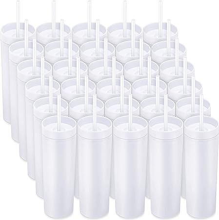 Photo 1 of 30 Pack Skinny Tumbler with Lids and Straws 16 oz Matte Colored Acrylic Tumblers Double Wall Plastic Tumbler Cups Skinny Travel Tumbler Reusable Cup for Parties Birthday Home Office (White)
